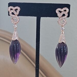 Elegant 2.5" Art Deco 18k Rose Gold Melon Amethyst Quartz Drop Dangle Earrings
